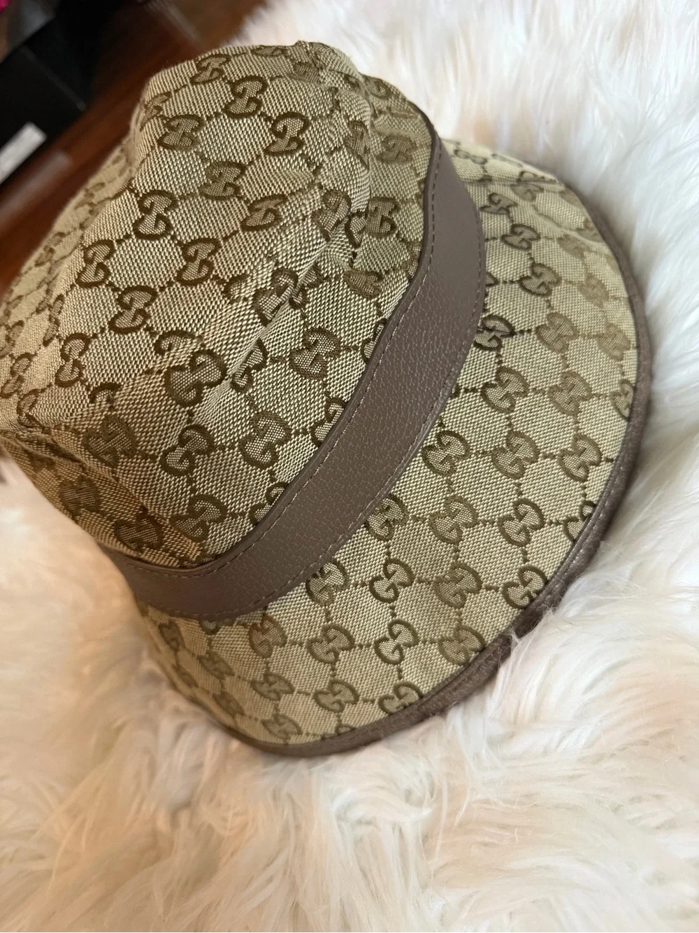Gucci Tan/Brown GG Monogram Leather-Trim Cap